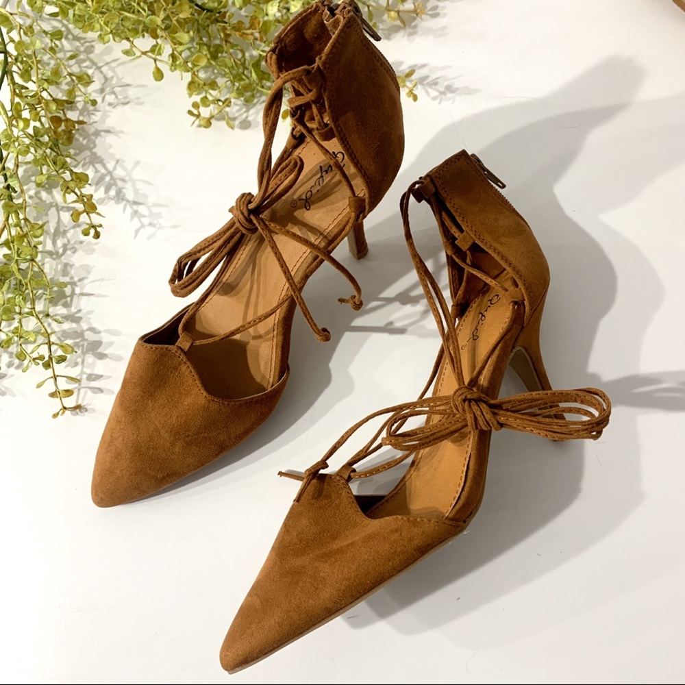 Qupid Faux Suede Strappy Camel Heels